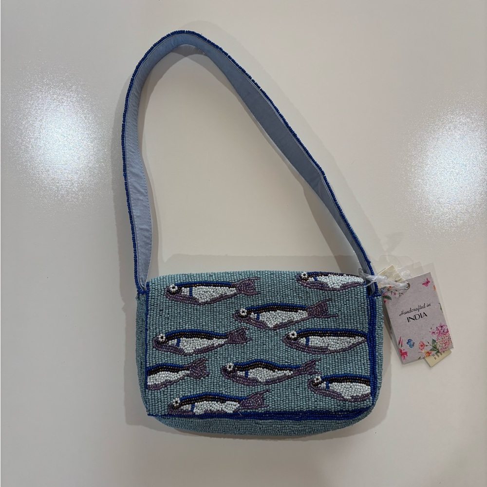 Beaded Sardine Pattern Shoulder Bag in Light Blue